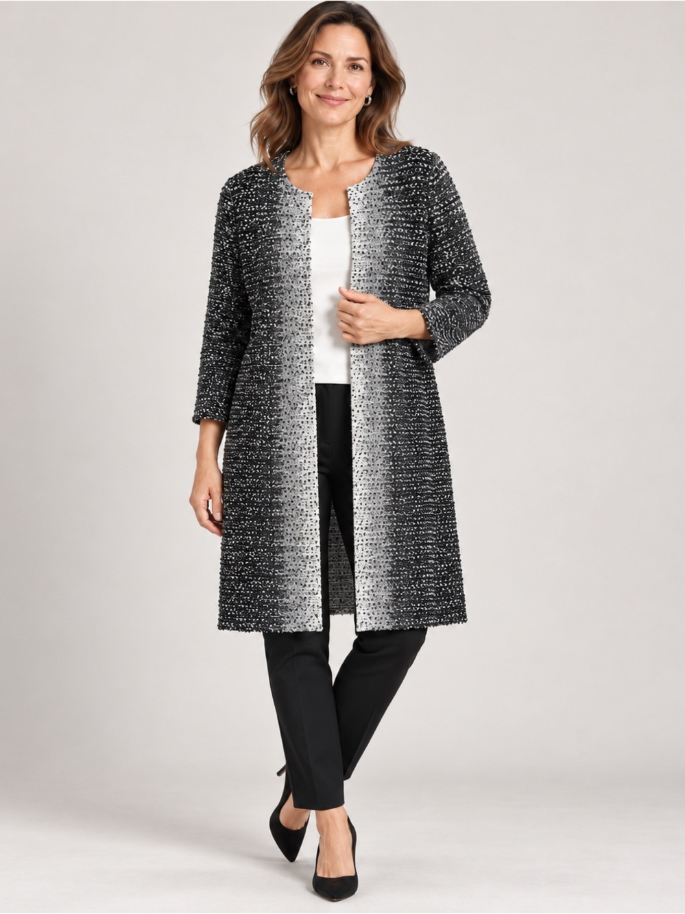 St. John Black White Ombré Knit Long Cardigan Jacket 12 Made in USA Lagenlook